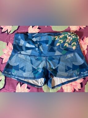 teeki Blue Geo-Print Athletic Shorts with Leaf Accent